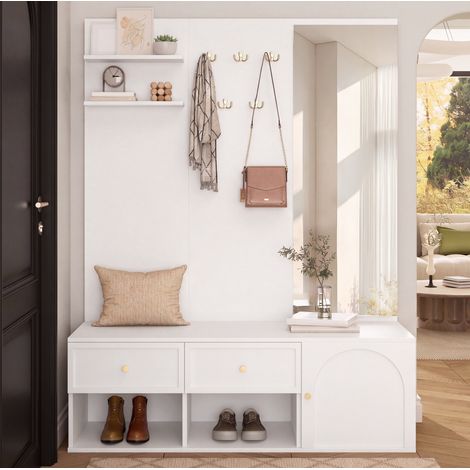 Mobile ingresso con specchio e panca, 120 x 35 x 159 cm, bianco DESVIAE (1/5)