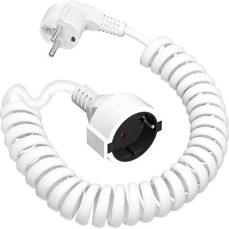 Câble de Extension Spiralé, Câble Spiralé à Contact de Protection Extensible de 0,6M à 3M, Câble Spiralé avec Fiche Schuko et Embase (250V / 16A), Câble Prolongateur en PVC, IP20 (Blanc) (1/5)