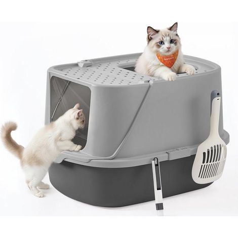Bac à litière pour chat taille XXL avec couvercle basculant 57 x 43,6 x 38,2 cm usage facile en plastique gris ardoise (1/2)