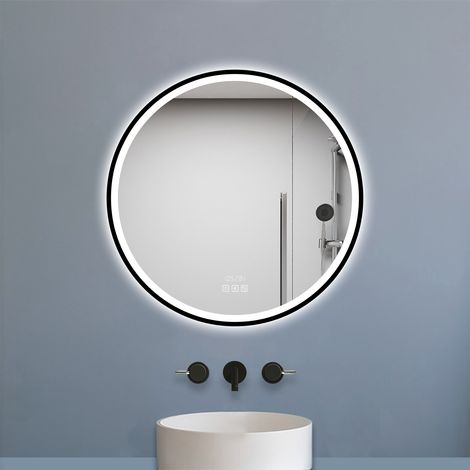 Biubiubath 600mm Round Bluetooth Bathroom LED Mirror with Light Digital Clock,Dimmable,Anti-fog,Wall Mounted