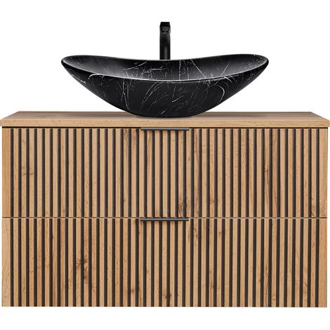 Waschtisch Set 100 cm mit Unterschrank anthrazit Eiche Nb. schwarz gerillt XANTEN-56 Waschbecken schwarz marmoriert, B/H/T: ca. 100,6/74,7/46,5 cm (1/5)