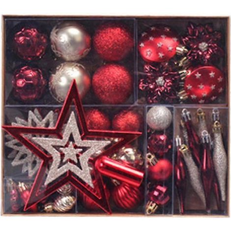 58 bunte, bruchsichere Weihnachtsbaumhänger mit Kugeln und Sternen (rot/gold) (1/4)