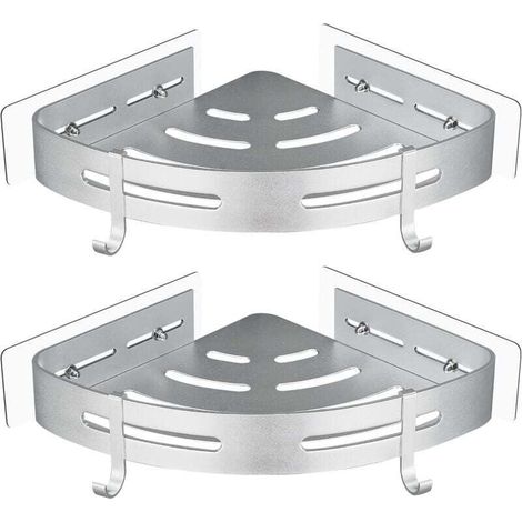 Eckduschablage aus Metall, kein Bohren erforderlich, 2-teilig, mit 2 Duschhaken, rostfreier, selbstklebender Halterung für Badezimmerutensilien (silber) - Crezuo
