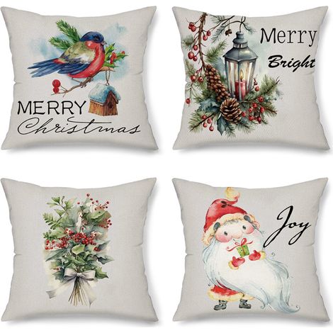 Juego de 4 fundas de cojín navideñas con estampado de pájaros y piñas. (1/4)