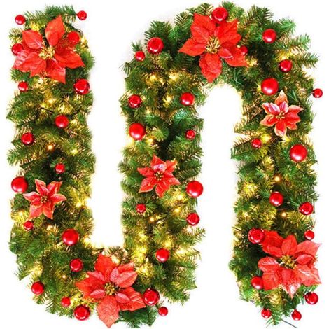Decoración navideña con guirnaldas y luces, plantas artificiales de ratán navideñas con flores y adornos de bolas, decoración para repisas de chimenea interiores y (1/5)