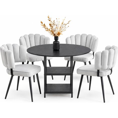 ELVMI Set Tavolo e Sedie con 1 Tavolo Rotondo e 4 Sedie da Pranzo, Tessuto, MDF e Metallo, Nero e Grigio Chiaro (1/5)