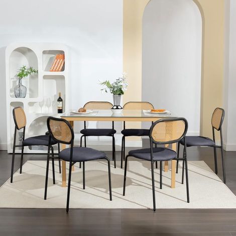 Lote de 6 Sillas de Comedor - Ratán y Metal - Ajustables - Estilo Escandinavo - Confort Acolchado (1/5)