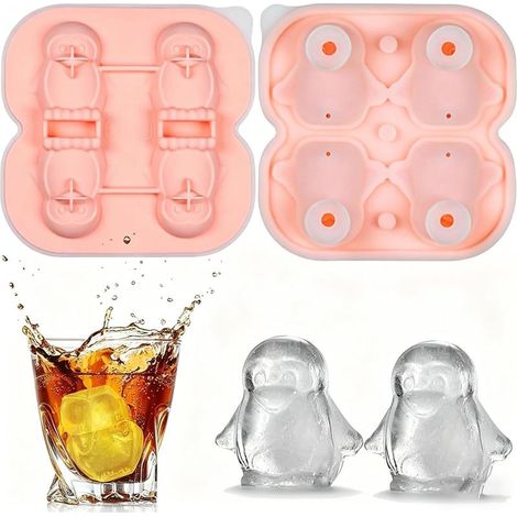 3D-Pinguin-Eiswürfelform, 5,8 cm Silikon-Eiswürfelform mit Deckel, Eiswürfelform für Whisky, Cocktails, Eiskaffee und Saft (Rosa) (1/5)
