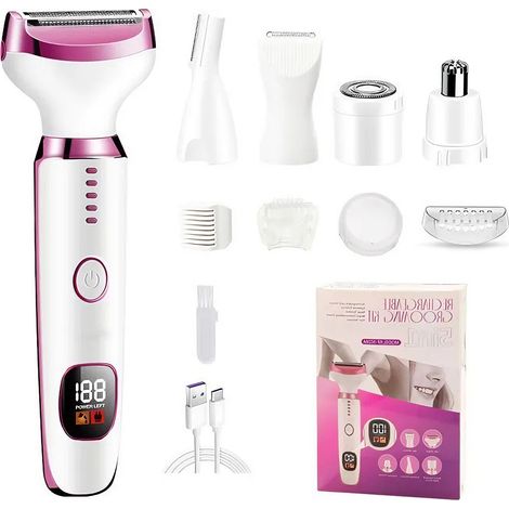 Epilateur 5-en-1 - Étanche IPX7 - Charge USB Type-C - 90 Min Autonomie - Écran LED - Pour Visage Bikini Aisselles Nez Sourcils - 1 Pièce