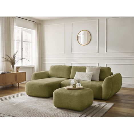 BOBOCHIC - Canapé d'angle convertible DENISE tissu texturé avec pouf Angle gauche  Vert (1/5)