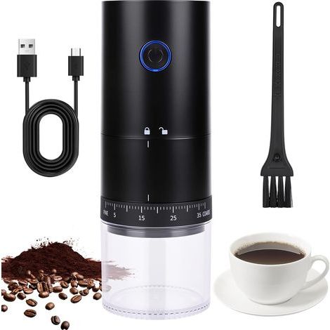 Moulin à café électrique, moulin à café portable avec 38 réglages ajustables, moulin à café réglable pour les graines et les épices, convient à la maison, au bureau, en voyage et en camping (noir) (1/5)