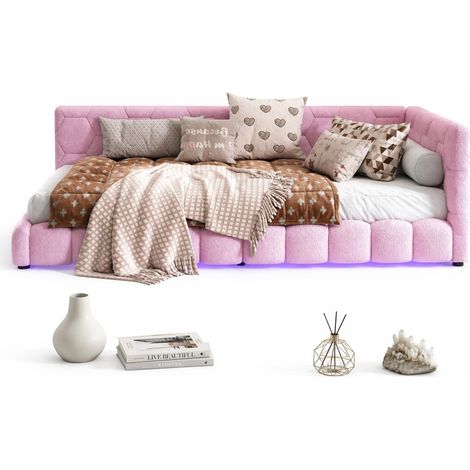 Canapé-lit 90x200 cm avec LED 16 couleurs, ports USB et Type-C, sommier à lattes, revêtement velours rose, lit banquette gain de place - CHICFURN (1/5)