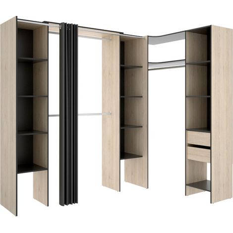 Vente-Unique – Dressing d'angle extensible Dorian 164/234 cm – Panneau de particule mélaminé – 13 niches et 3 penderies – Éco-responsable fabriqué en Europe