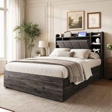 Cama doble 140x200 cm de madera gris con almacenaje para dormitorio, sin colchón -FLORAGRACE (1/5)