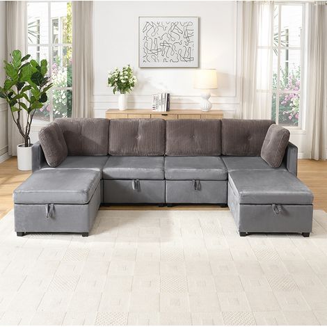 Canapé modulable en U 6 places avec rangement, velours et cordon, gris, REDOM (1/5)