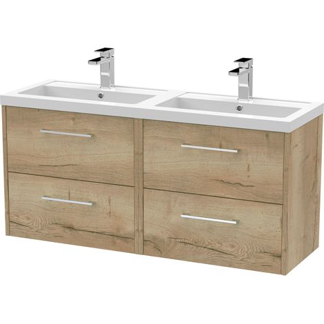 Winshill Contemporary 4 Drawer Wall Hung Vanity Unit with Double Basin, Light Oak, 1200mm (1/4)