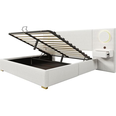 Lit rembourré 180x200 cm en velours beige avec tête de lit LED, USB et rangement HOMVRA (1/5)