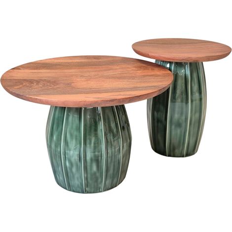 Lot de 2 tables d'appoint rondes en acacia et acier émaillé vert