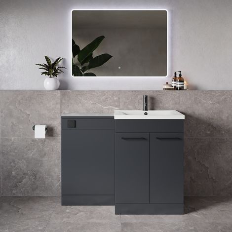 Napoli 460 Gloss Grey Pearl 1100mm 2 Door Vanity Unit Toilet Suite with Glide Basin - 1100mm - Matt Black 160mm HandleWithout Kingston Toilet Pan