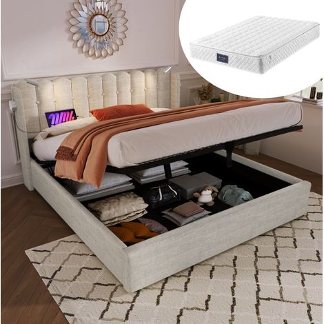 Lit rembourré 140x200 cm style rustique, lin beige, avec tête de lit, liseuse USB, coffre, sommier et matelas (1/5)