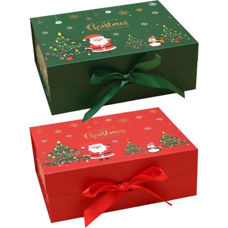 Lot de 2 boîtes cadeaux magnétiques de Noël avec couvercles, 29 cm x 22 cm x 10 cm, boîtes cadeaux en carton sur le thème de Noël avec ruban pour emballage cadeau de Noël (vert et rouge) (1/5)