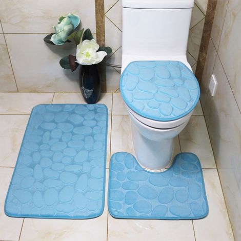Tapis De Salle De Bain - 3 Pièces En Polyester - Antidérapant PVC - Absorbant - Pour Baignoire Douche Et Lavabo - Bleu Ciel - 50x80 cm 50x45 cm 43x38 cm (1/5)