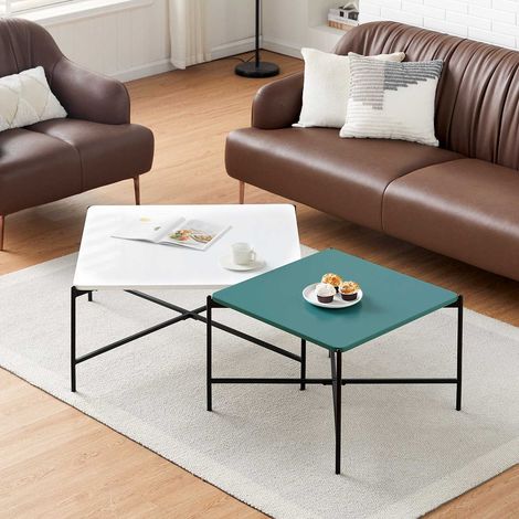 Square Nesting Coffee Table Set of 2 Industrial, 18mm High Gloss Wood Top Stacking Side Tables with Metal Legs Accent End Table for Living Room Sofa (white + green) (1/5)