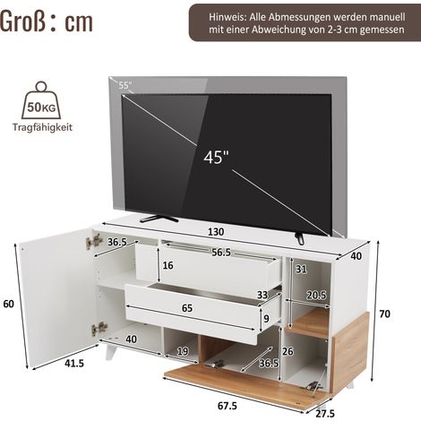 Sideboard 130x40x70 cm aus Spanplatte Weiß und helle Eiche, Wohnzimmer-Aufbewahrung – MEUBLIV (1/5)