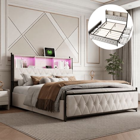 Lit 140x200cm avec sommier LED et USB, Lit double rembourré avec 4 tiroirs et tete de lit de rangement, Sans matelal, Tissu en velours, Beige (1/5)