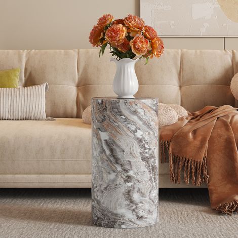 Mesa auxiliar redonda de MDF con efecto mármol gris 30 x 55 cm OKWISH (1/5)