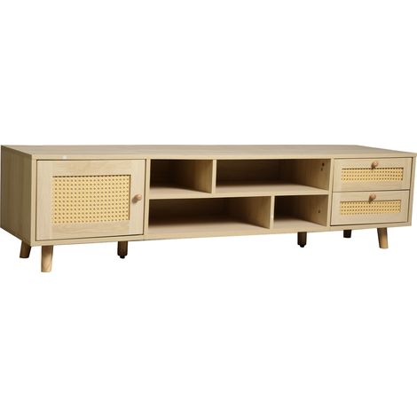 Meuble TV en bois et rotin 160 cm pour téléviseur 70 pouces avec 2 tiroirs et 1 porte, gestion des câbles (1/5)