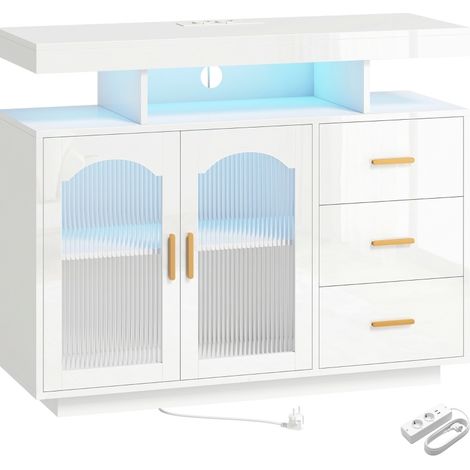 Aparador con LED RGB, enchufes y USB integrados, 3 cajones y 2 puertas acrílicas, blanco brillante (1/4)