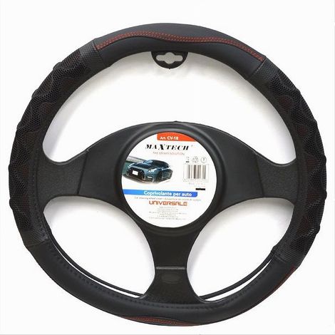 TRADE SHOP - Coprivolante Universale Per Auto Fodera Sterzo 38cm Nero Rosso Con Rilievo Cv-18 -