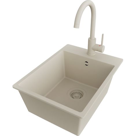 PRIMAGRAN Evier Cuisine en Granit 38x50cm,Lavabo 1 bac + Robinet 32x20cm + Kit de Vidage, Évier à Encastrer au meuble 40cm - Riga, Beige (1/5)