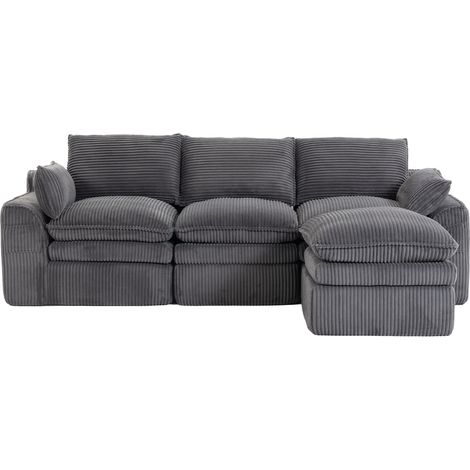 Divano modulare 3 posti in velluto a coste con pouf, cuscini e tasche laterali, grigio scuro (1/5)