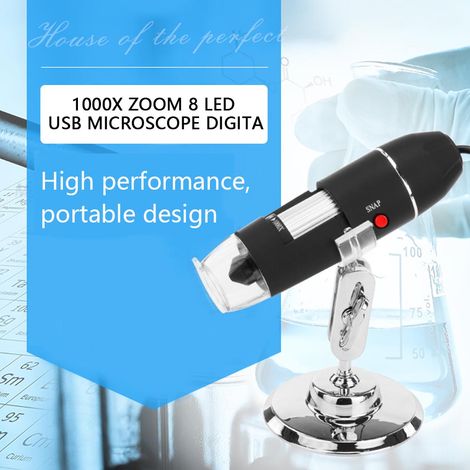 Microscope numérique USB 8 LED 1000X Zoom avec support, caméra endoscope vidéo et loupe numérique (1/5)