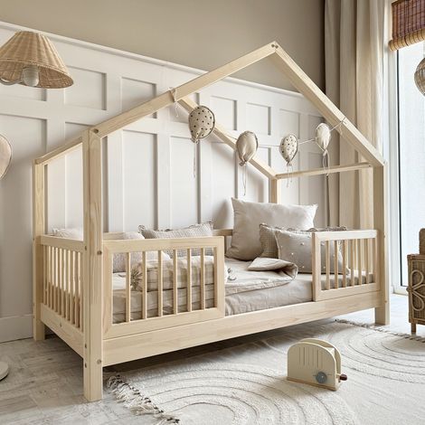 Lit cabane 90x190 barrières et sommier inclus pieds 10 cm Rosalie Bois