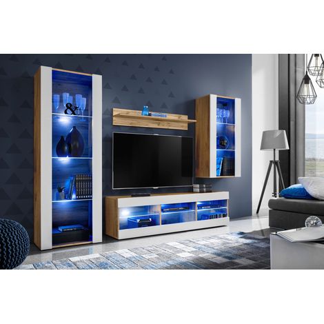 Komodee Ensemble de Meubles Tivoli Medio, Wotan/Blanc, Largeur 245cm x Hauteur 159cm x Profondeur 35cm, LED Blu, 3 étagères, pour Salon, Chambre, Entrée