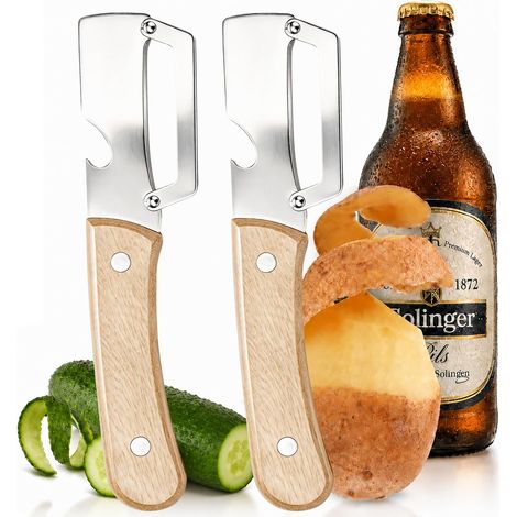 Lot de 2 Eplucheur Légumes avec Décapsuleur, Econome Legumes, Couteau Éplucheur de Pomme Terre a Julienne pour Légumes Fruits Accessoire Ustensiles de Cuisine, Manche en Bois (1/5)