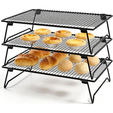 3 Tier Carbon Steel Non-stick Pastry Cooling Rack – 43 x 28 x 8 cm, Foldable and Stackable, Space Saving – Pastry Accessory for Drying, Cooling Cakes and Cookies (1/5)
