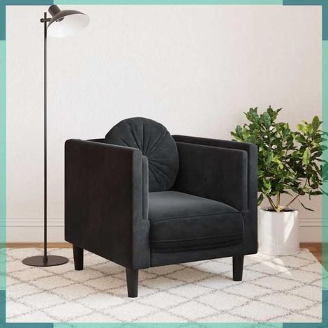 Fauteuil - 372627 - Noir velours - Avec coussin rond - Bois massif (1/5)