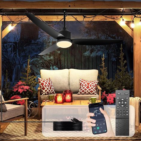 Ventilateur de plafond extérieur 132 cm avec lumière LED, télécommande, dimmable, étanche, pour terrasse et patio, Noir (1/5)