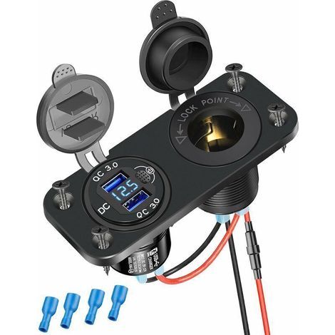 Prise allume-cigare avec fonction de charge rapide 3.0. Prise USB 12V/24V avec voltmètre LED et deux prises USB étanches pour voiture. camping-car. bateau. camion. etc. (1/5)