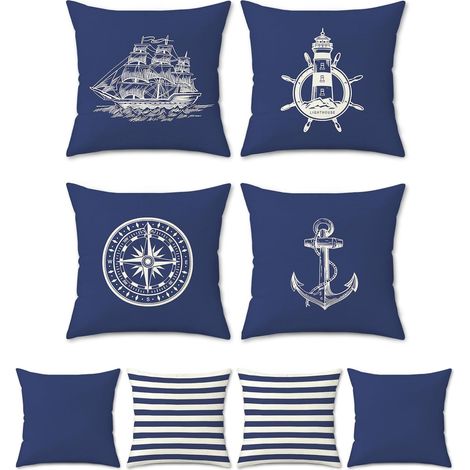 Lot de 4 Housse de Coussin Nautique 45 x 45 cm Bleu Marin Ancre Phare Voilier Boussole Polyester Lin Décoratif Taie d'oreiller pour Canapé Lits Chaises Voiture Salon Maison Décor (1/5)