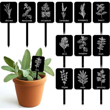 24 etichette acriliche per piante in 12 stili, etichette per erbe aromatiche per il giardino, etichette per piante su bastoncino, etichette nere impermeabili con i nomi delle erbe aromatiche per vivai