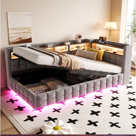 Divano letto convertibile 90x200 cm in velluto grigio chiaro con contenitore FloraGrace (1/5)
