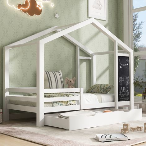MEUBLIV Lit cabane enfant 90 x 200 cm en boisavec tableau noir deux tiroirs et barrière de sécurité blanc