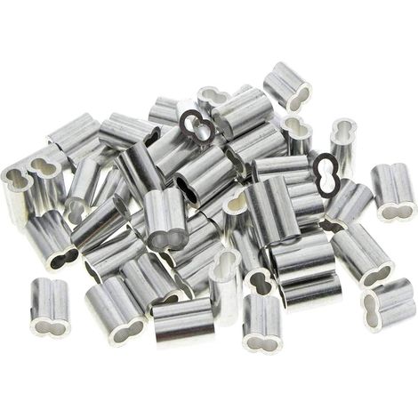 50 unidades de manguitos dobles de aluminio, manguitos para cables de acero de 3 mm, clips de manguito de aluminio con doble extremo, para cables de acero, cable metálico, plateado (3 mm) (1/5)