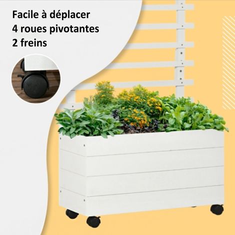 Jardinière avec treillis, bac à fleurs sur roulettes, plate-bande surélevée pour plantes grimpantes, bois naturel, blanc, 76 x 30 x 155 cm pour jardin (1/5)
