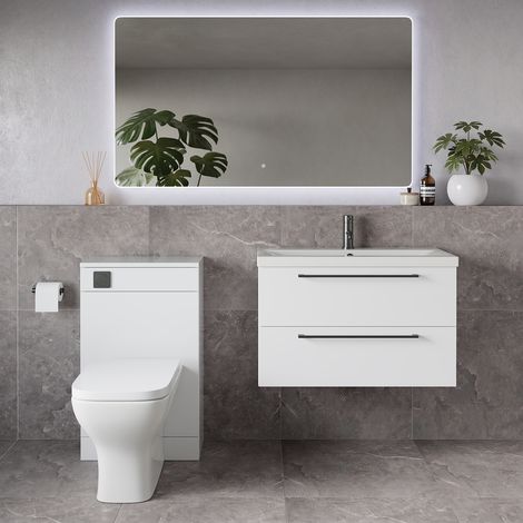 Napoli 390 Gloss White 1300mm Wall Mounted 2 Drawer Vanity Unit and Toilet Suite with Glide Basin - 1300mm - Gunmetal Grey 480mm HandleWith Kingston Toilet Pan and Seat